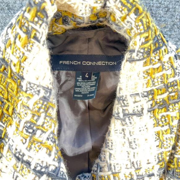 French Connection Tweed Jacket Size 4 Yellow Black Cream Belted Rounded Collar - Picture 4 of 10